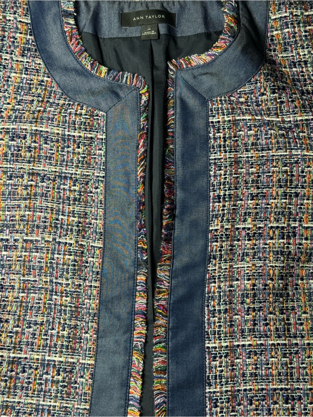Ann Taylor Multicolor Tweed Fringe Jacket Blazer Navy Trim Size 14 - Picture 10 of 10